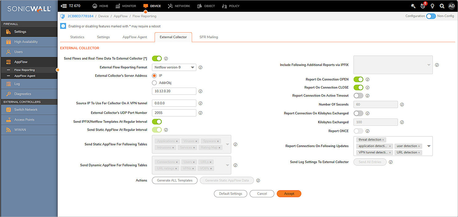 Screenshot of SonicWall, NetFlow Profile 2